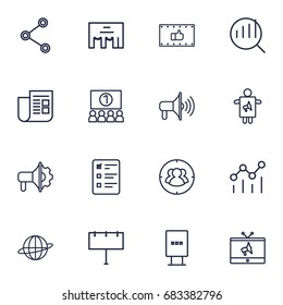 Set Of 16 Commercial Outline Icons Set.Collection Of Advertising Agency, Audience, Client Brief And Other Elements.