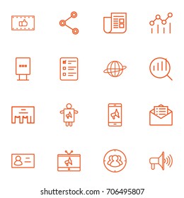Set Of 16 Commercial Outline Icons Set.Collection Of Business Card, Tv, Ad Banner And Other Elements.
