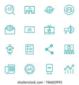 Set Of 16 Commercial Outline Icons Set.Collection Of Social Media Ads, Advertising Agency, Tv And Other Elements.