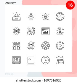 Set of 16 Commercial Outlines pack for globe; worker; game; woman; employee Editable Vector Design Elements