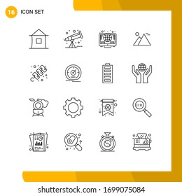 Set of 16 Commercial Outlines pack for camping; pyramid; online; landmark; egypt Editable Vector Design Elements
