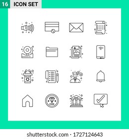 Set of 16 Commercial Outlines pack for file; fire; poem; bell; alarm Editable Vector Design Elements