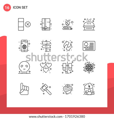 Set of 16 Commercial Outlines pack for globe; app; fire; pumpkin pie; holiday Editable Vector Design Elements
