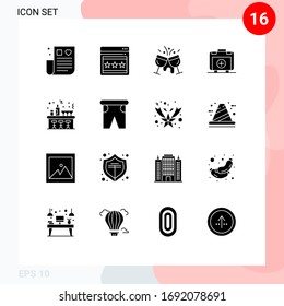 Set of 16 Commercial Solid Glyphs pack for celebration; medical; champagne; health bag; handbag Editable Vector Design Elements