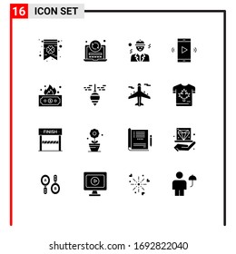 Paket mit 16 kommerziellen Solid-Glyphen zur Finanzierung; Volumen; Gebäude; Redner; Design-Elemente für Lautsprecher-Editierbare Vektorillustrationen