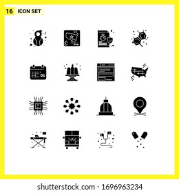 Set of 16 Commercial Solid Glyphs pack for calendar; lab; bug; education; virus Editable Vector Design Elements