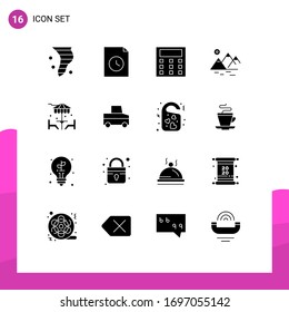 Set of 16 Commercial Solid Glyphs pack for dinner; beach; calculation; farming; mountain Editable Vector Design Elements