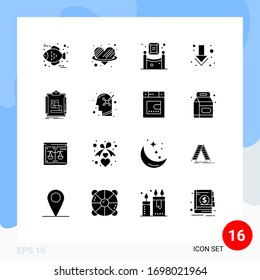 Set of 16 Commercial Solid Glyphs pack for work; process; exhibition; algorithm; down Editable Vector Design Elements