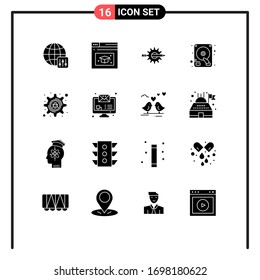 Set of 16 Commercial Solid Glyphs pack for setting bug; cyber crime; design; hard disk; disk Editable Vector Design Elements