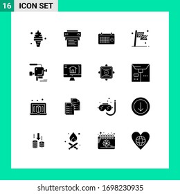 Set mit 16 kommerziellen Solid-Glyphen-Packungen für die Rasse; kariert; Bildung; Kontrolle; Jahr Bearbeitbare Design-Elemente für Vektorillustrationen