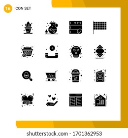 Set mit 16 handelsüblichen Solid-Glyphen-Paketen zum Anruf; Einkaufen; Datenbank; zuzüglich Design-Elemente für die bearbeitbare Vektorillustration