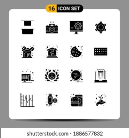 Set of 16 Commercial Solid Glyphs pack for fire; setting; bug; gear; fix Editable Vector Design Elements