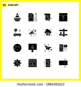 Conjunto de 16 paquetes comerciales de glifos sólidos para dispositivos; disposición; factura; interfaz; organizar elementos de diseño de vectores editables