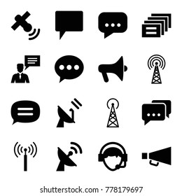 Set of 16 communicate filled icons such as signal tower, chat, megaphone, message, man with chat bubblle, operator
