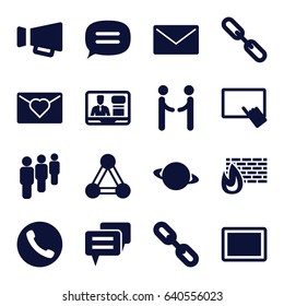 set of 16 communication filled icons such as connection, finger on tablet, tv speaker, tablet, chain, megaphone, chat, group, call, shaking hands