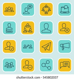 Set Of 16 Communication Icons. Includes Startup, Team Organisation, Society And Other Symbols. Beautiful Design Elements.