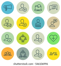 Set Of 16 Communication Icons. Includes Talking Person, Society, Teamwork And Other Symbols. Beautiful Design Elements.