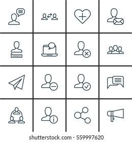 Set Of 16 Communication Icons. Includes Bullhorn, Chatting Person, Profile Data And Other Symbols. Beautiful Design Elements.