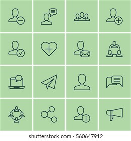 Set Of 16 Communication Icons. Includes Profile Data, Startup, Insert Person And Other Symbols. Beautiful Design Elements.