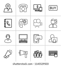 Set of 16 communication outline icons such as adress book, businessman group, pc, keyboard, call center, user and computer, message on phone, movie camera, desk phone