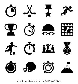 Set of 16 competition filled icons such as ranking, stopwatch, board game, trophy, medal, hockey, swimming hat and glasses, running, football player