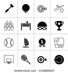 Set of 16 competition filled and outline icons such as trophy, target, medal, golf ball, tennis, tennis ball, swimming cap and glasses, dart, volleyball, windsurfing, bowling