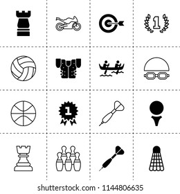Set of 16 competition filled and outline icons such as target, chess, golf ball, medal, american football jacket, shuttlecock, dart, kayak, award, bowling, basketball, tennis