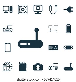 Set Of 16 Computer Hardware Icons. Includes Music, Router, Accumulator Sign And Other Symbols. Beautiful Design Elements.