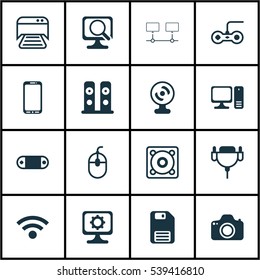 Set Of 16 Computer Hardware Icons. Includes Control Device, Camera, Laptop And Other Symbols. Beautiful Design Elements.