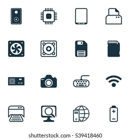 Set Of 16 Computer Hardware Icons. Includes Internet Network, Cellphone, Audio Device And Other Symbols. Beautiful Design Elements.