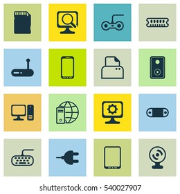 Set Of 16 Computer Hardware Icons. Includes PC, Internet Network, Cellphone And Other Symbols. Beautiful Design Elements.