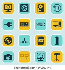 Set Of 16 Computer Hardware Icons. Includes Internet Network, Network Structure, Connected Devices And Other Symbols. Beautiful Design Elements.