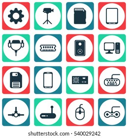 Set Of 16 Computer Hardware Icons. Includes Desktop Computer, Control Device, Network Structure And Other Symbols. Beautiful Design Elements.