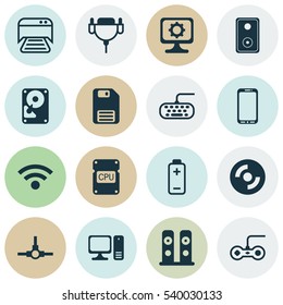 Set Of 16 Computer Hardware Icons. Includes Network Structure, Printed Document, Joystick And Other Symbols. Beautiful Design Elements.