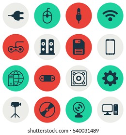 Set Of 16 Computer Hardware Icons. Includes Loudspeakers, Web Camera, Wireless And Other Symbols. Beautiful Design Elements.