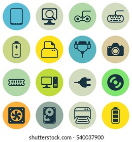 Set Of 16 Computer Hardware Icons. Includes Desktop Computer, Hdd, Connector And Other Symbols. Beautiful Design Elements.