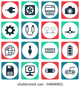 Set Of 16 Computer Hardware Icons. Includes Aux Cord, Portable Memory, Computer Ventilation And Other Symbols. Beautiful Design Elements.