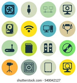 Set Of 16 Computer Hardware Icons. Includes Router, Hdd, Music And Other Symbols. Beautiful Design Elements.