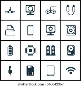 Set Of 16 Computer Hardware Icons. Includes Aux Cord, Hdd, Accumulator Sign And Other Symbols. Beautiful Design Elements.