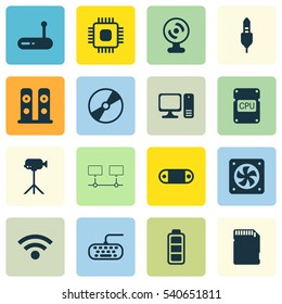Set Of 16 Computer Hardware Icons. Includes Cd-Rom, Memory Card, Web Camera And Other Symbols. Beautiful Design Elements.