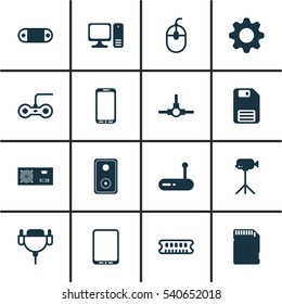 Set Of 16 Computer Hardware Icons. Includes Audio Device, Diskette, Dynamic Memory And Other Symbols. Beautiful Design Elements.