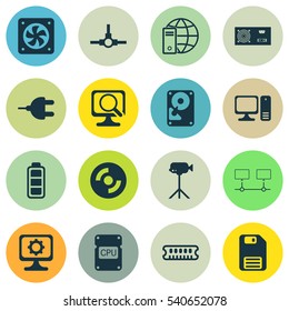 Set Of 16 Computer Hardware Icons. Includes Desktop Computer, Computer Ventilation, Dynamic Memory And Other Symbols. Beautiful Design Elements.