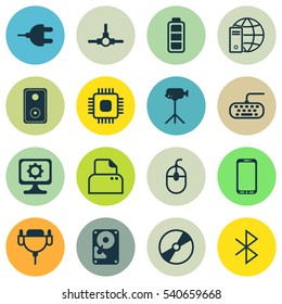 Set Of 16 Computer Hardware Icons. Includes Internet Network, Smartphone, Audio Device And Other Symbols. Beautiful Design Elements.