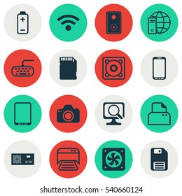 Set Of 16 Computer Hardware Icons. Includes Laptop, Cellphone, Printed Document And Other Symbols. Beautiful Design Elements.