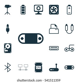 Set Of 16 Computer Hardware Icons. Includes Connected Devices, Aux Cord, File Scanner And Other Symbols. Beautiful Design Elements.