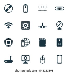 Set Of 16 Computer Hardware Icons. Includes PC, Web Camera, Cd-Rom And Other Symbols. Beautiful Design Elements.