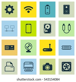 Set Of 16 Computer Hardware Icons. Includes Audio Device, File Scanner, Dynamic Memory And Other Symbols. Beautiful Design Elements.