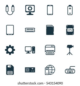 Set Of 16 Computer Hardware Icons. Includes Diskette, Camcorder, Internet Network And Other Symbols. Beautiful Design Elements.