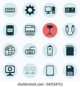 Set Of 16 Computer Hardware Icons. Includes Memory Card, Printed Document, Power Generator And Other Symbols. Beautiful Design Elements.