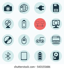 Set Of 16 Computer Hardware Icons. Includes Cd-Rom, Laptop, Camera And Other Symbols. Beautiful Design Elements.